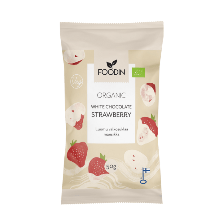 Organic white chocolate with strawberry pieces from FoodIn, 50g, by Organax Ltd, shown in a close-up image.