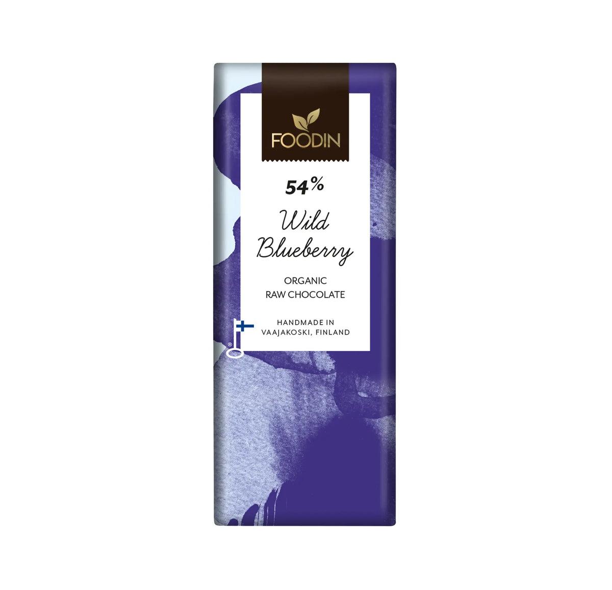 Organic raw chocolate with wild blueberries by Foodin, featuring 54% cocoa content in a 40g bar from Organax Ltd.