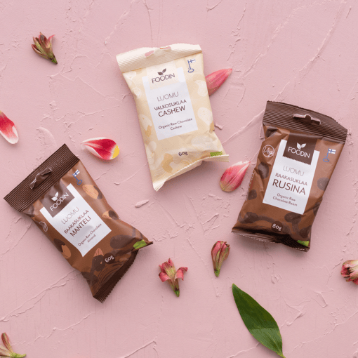 Organic Raw Chocolate Almond from Foodin by Organax Ltd, featuring a close-up of raw chocolate-coated almonds in a 60g package.