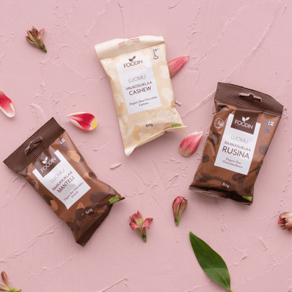 Organic Raw Chocolate Almond from Foodin by Organax Ltd, featuring a close-up of raw chocolate-coated almonds in a 60g package.