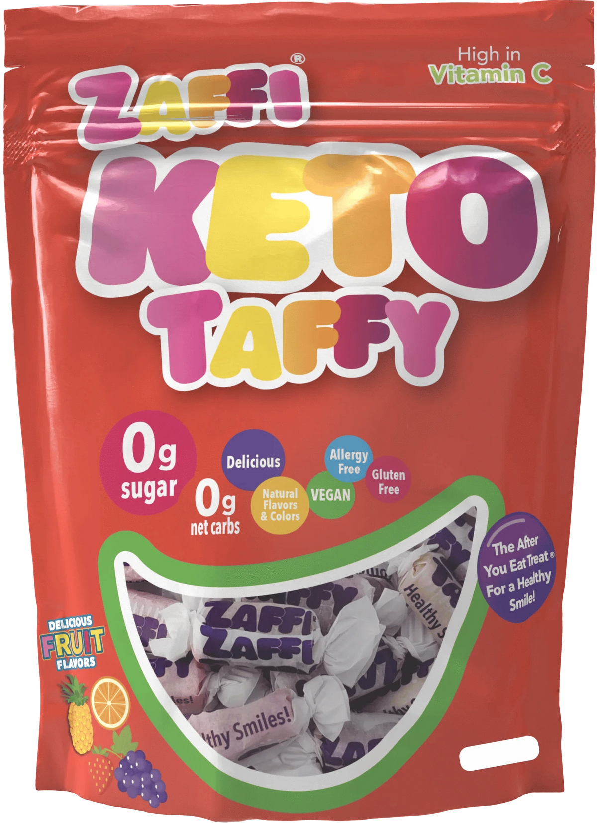 Assorted fruit ZOLLI KETO Taffy by Organax Ltd in a 3oz package, showing colorful fruit-flavored chewy taffy pieces.