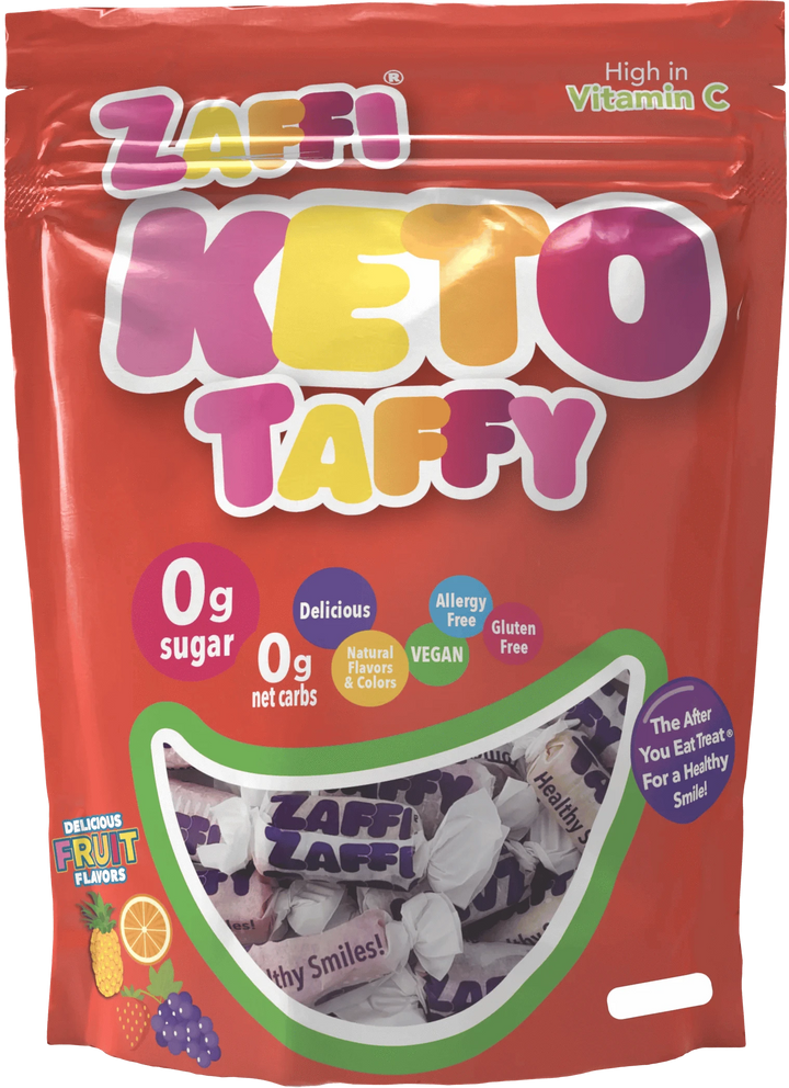 Assorted fruit ZOLLI KETO Taffy by Organax Ltd in a 3oz package, showing colorful fruit-flavored chewy taffy pieces.