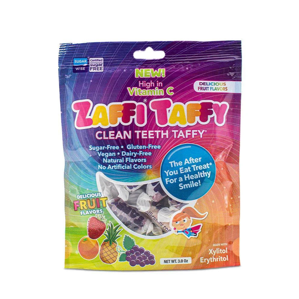 Assorted Zaffi Taffy Variety Fruit 3.0 oz bag by Organax Ltd with colorful, individually wrapped chewy fruit taffy candies.