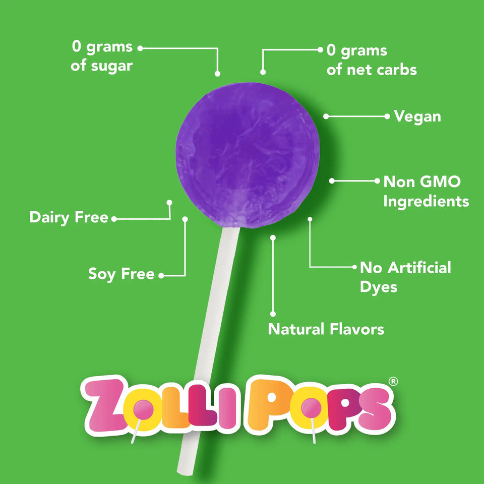 Purple Zollipops Vitamin C sugar-free lollipops by Organax Ltd, featuring vibrant purple packaging and colorful pop design.