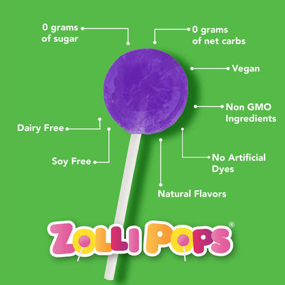 Purple Zollipops Elderberry sugar-free lollipops with Vitamin C and Zinc, superfood treat by Organax Ltd, 8oz package.