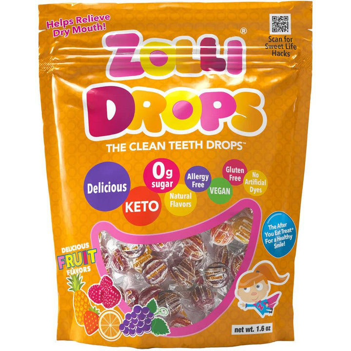 Assorted fruit flavor ZOLLI DROPS sugar-free candies in a 1.6oz package by Organax Ltd, featuring colorful drops in a clear bag.