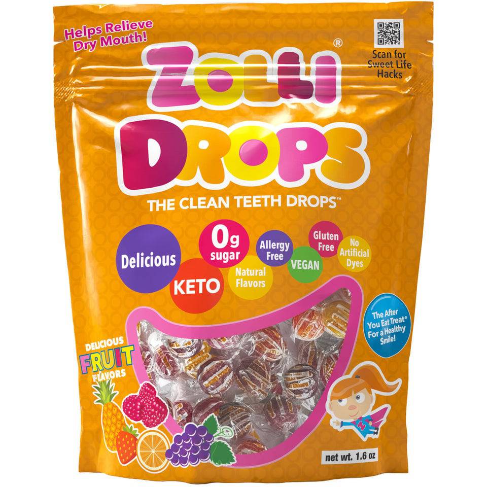 Assorted fruit flavor ZOLLI DROPS sugar-free candies in a 1.6oz package by Organax Ltd, featuring colorful drops in a clear bag.