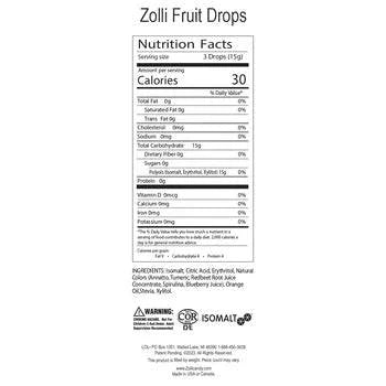 Assorted fruit-flavored Zolli Drops sugar-free candies in a 1.6oz package by Organax Ltd, featuring colorful drops on a white background.