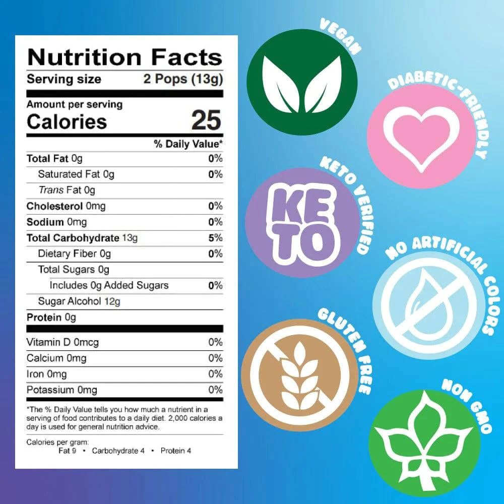 Zollipops Sugar Free Cherry Lollipops in a 3.1oz bag by Organax Ltd, showing nutrition facts on the package.