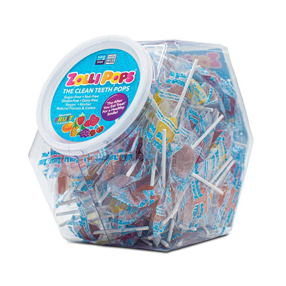 Assorted Zollipops Original Clean Teeth sugar-free candy in a large 29 oz hex-shaped jar by Organax Ltd