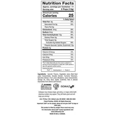 Assorted fruit flavor Zollipops sugar-free lollipops with xylitol in a 1-lb tub, displayed in a clear container.