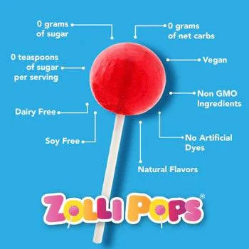 Sugar-free Zollipops Cherry lollipops in a 3.1oz bag, promoting clean teeth and fresh cherry flavor from Organax Ltd.