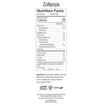 Assorted Zollipops Sugar-Free Fruit Lollipops in a 3.1oz package, featuring colorful fruit flavors and nutritional information.