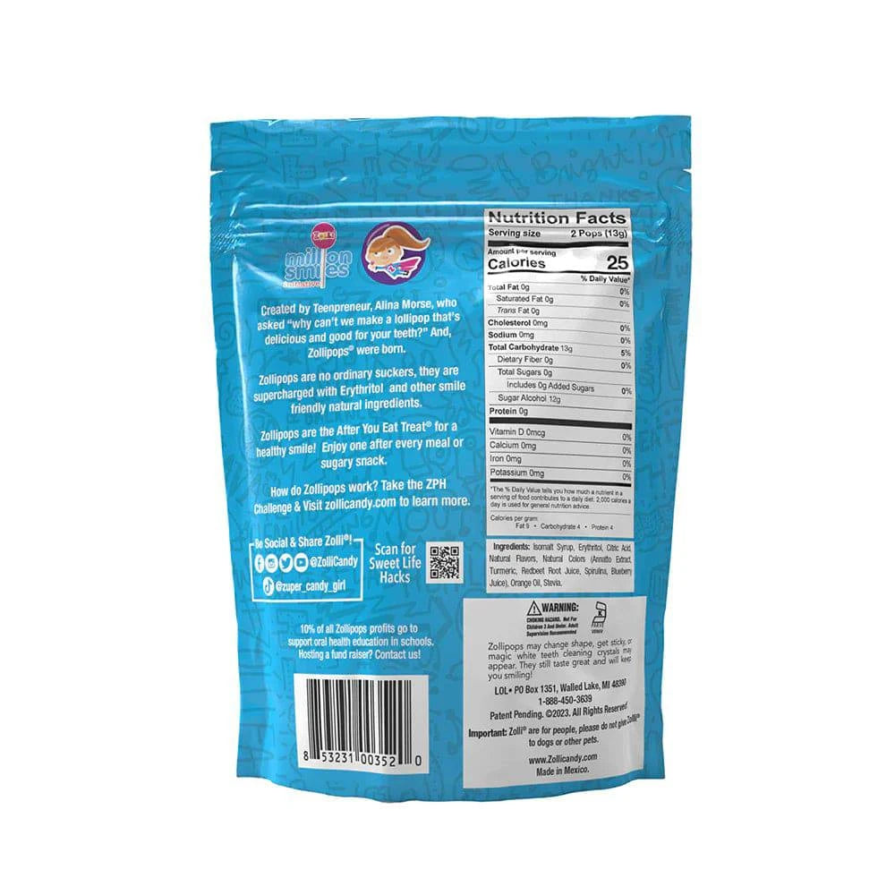 Assorted Zollipops sugar-free fruit lollipops in a 3.1oz pouch, featuring colorful, round candies from Organax Ltd.