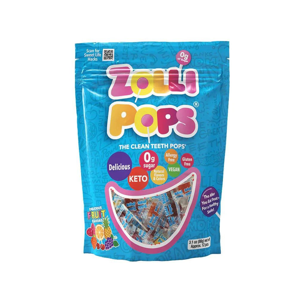 Assorted fruit Zollipops sugar-free lollipops in a 3.1oz pouch by Organax Ltd, showing colorful lollipops on the front.
