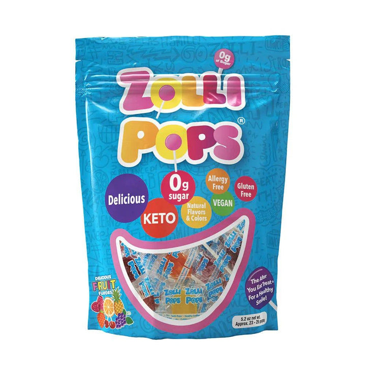 Zollipops sugar-free assorted fruit lollipops with xylitol in a 5.2oz pouch by Organax Ltd, showing colorful lollipops in a clear pouch.