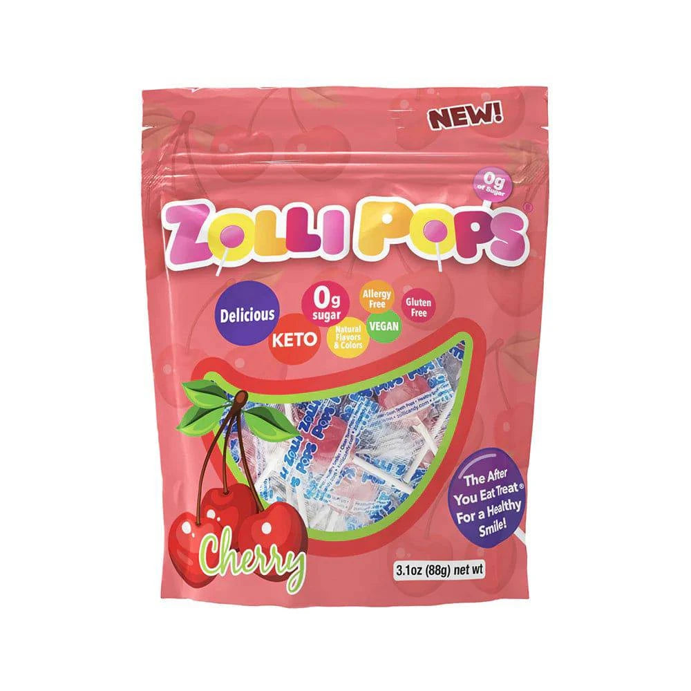 Zollipops Sugar Free Cherry Lollipops in a 3.1oz bag by Organax Ltd, featuring bright red cherry-flavored lollipops.