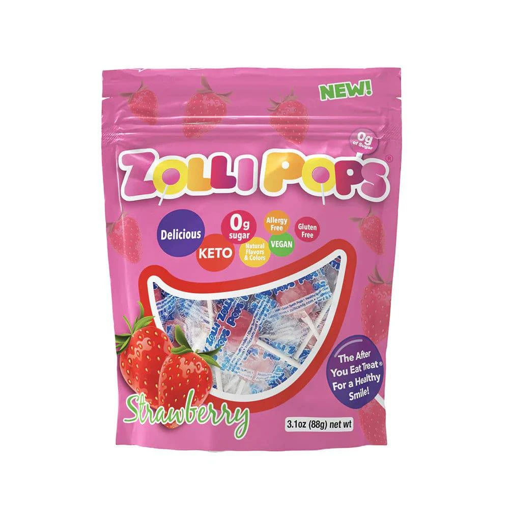 Single Zollipops sugar-free strawberry lollipop from Organax Ltd in a 3.1oz bag, featuring bright red strawberry flavor and colorful packaging.