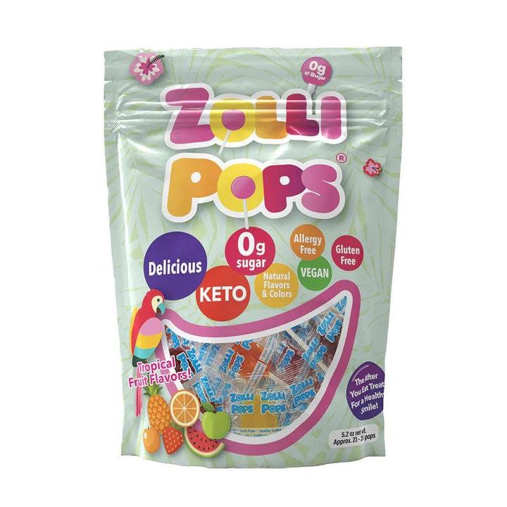 Assorted tropical fruit Zollipops zero sugar lollipops in a 5.2oz bag, colorful and individually wrapped by Organax Ltd.