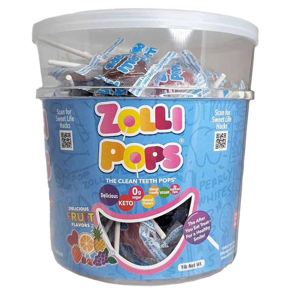Assorted fruit flavor Zollipops sugar-free lollipops in a 1-pound tub by Organax Ltd, with colorful lollipop images.