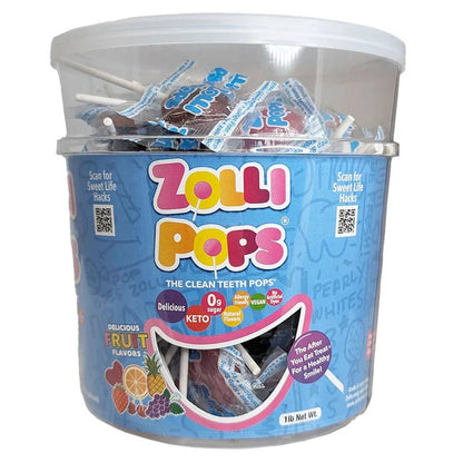 Assorted fruit flavor Zollipops sugar-free lollipops in a 1-lb tub by Organax Ltd, featuring colorful lollipops with fruity designs.