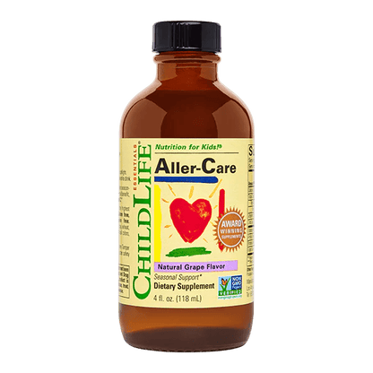 Childlife Essentials Aller-Care natural grape flavor in 118ml bottle, supporting allergy relief for children.
