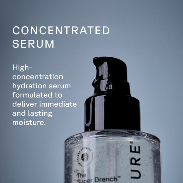 Bottle of ACure The Super Drench Serum 30ml by Organax Ltd, showing the skincare product with a clean, minimalist label.