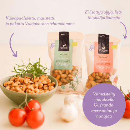 Organic FoodIn Dry Roasted Bruschetta Cashew nuts in a 120g package, featuring golden toasted cashews with a crunchy texture.