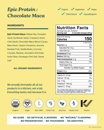 Organic Epic Protein plant and superfoods chocolate maca powder packets by Organax Ltd, showing 16 individual 38g packets.