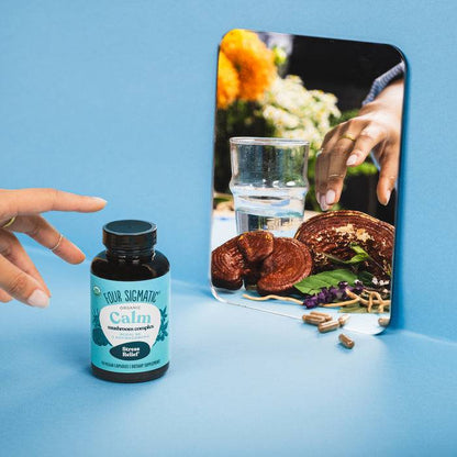 Organic Mushroom Capsules by Organax Ltd, featuring Reishi, B6, and Ashwagandha in a calm, easy-to-take supplement capsule.
