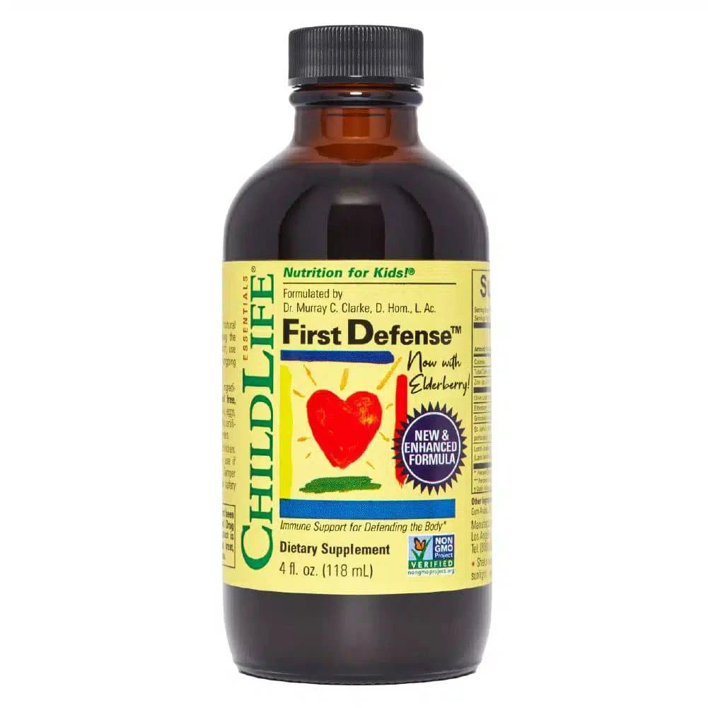 Childlife Essentials First Defense liquid supplement in a 120ml glass bottle, designed for immune support for children.