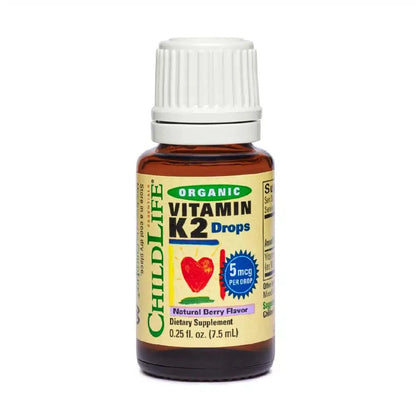 Childlife Essentials Vitamin K2 Berry supplement in a 12ml glass bottle, featuring colorful label and cap, by Organax Ltd.