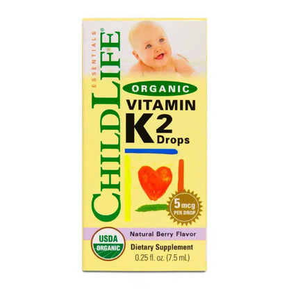 Childlife Essentials Vitamin K2 Berry supplement in a 12ml glass bottle, with the product packaging visible.