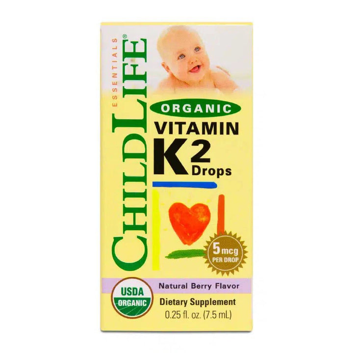Childlife Essentials Vitamin K2 Berry supplement in a 12ml glass bottle, with the product packaging visible.