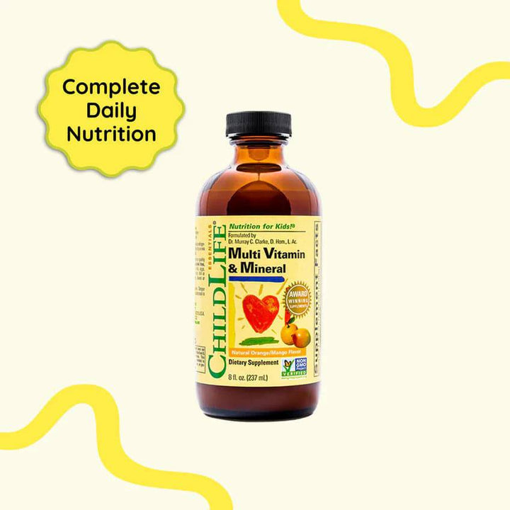 Childlife Essentials children's multivitamin and mineral liquid in a 240ml glass bottle, providing daily nutritional support.
