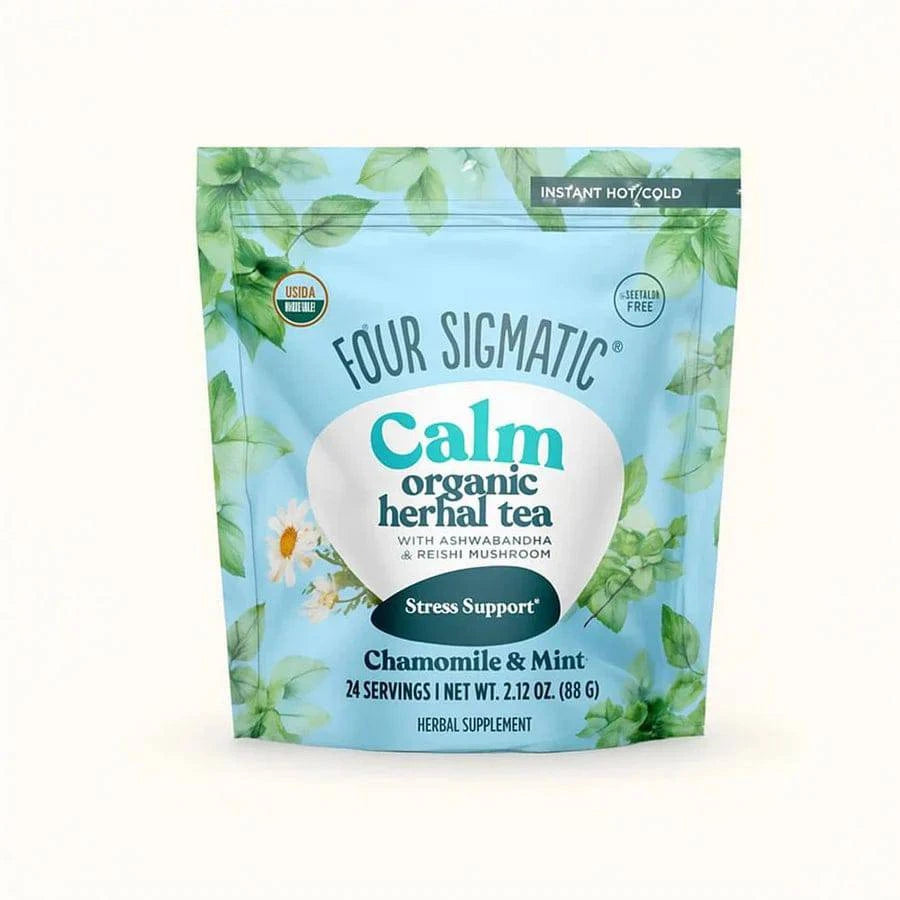 Organic Calm Herbal Tea by Four Sigmatic in a 60g package, featuring herbal blend in a resealable bag.