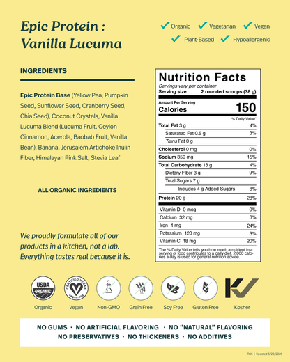 Organic Epic Protein plant and superfoods vanilla lucuma powder packets by Organax Ltd, showing 16 individual 38g packets.