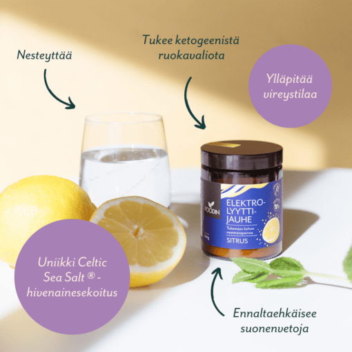 Citrus-flavored electrolyte powder in a 120g container from Organax Ltd, showing the powder and packaging.