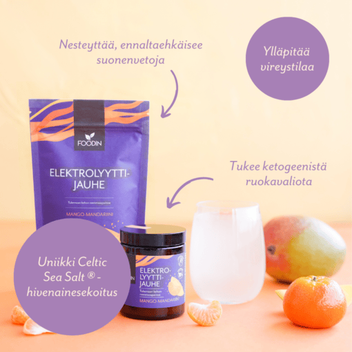 Electrolyte powder in mango-mandarin flavor by Organax Ltd, showing a 240g container with mango and mandarin fruit images.