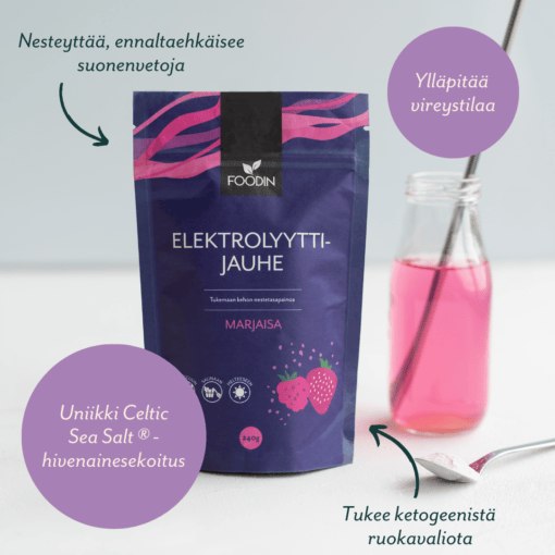 Berry-flavored electrolyte powder in a 240g container by Organax Ltd, shown in a close-up image of the powder packaging.