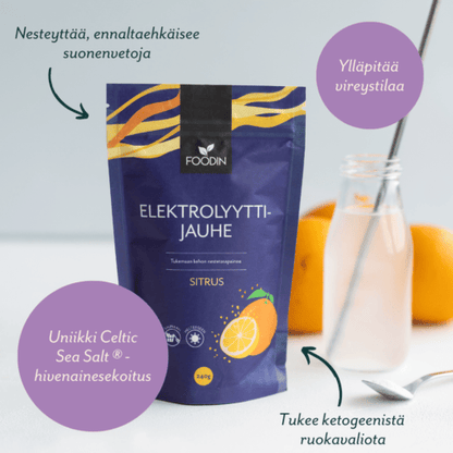 Container of Organax Ltd Citrus Electrolyte Powder, 240g, showing the orange-flavored powder and packaging.