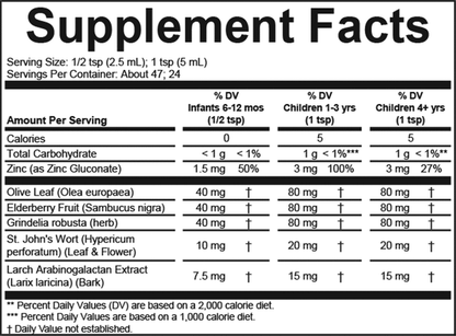 Childlife Essentials First Defense supplement in a 120ml glass bottle, organized supplement facts label from Organax Ltd.