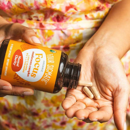 Organic Mushroom Capsules by Organax Ltd featuring Lion's Mane, B12, and L-Theanine in a clear bottle with capsules.