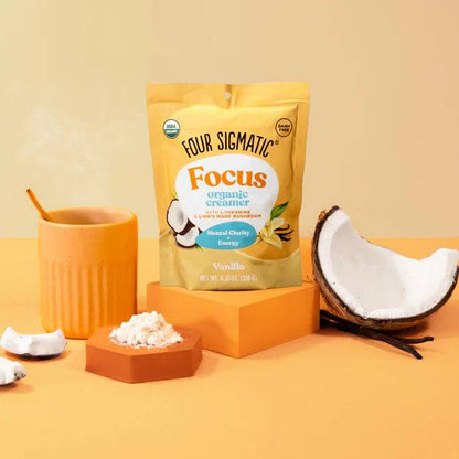 Focus Organic Vanilla Coconut Creamer by Organax Ltd in a 120g jar, featuring creamy vanilla and coconut flavor.
