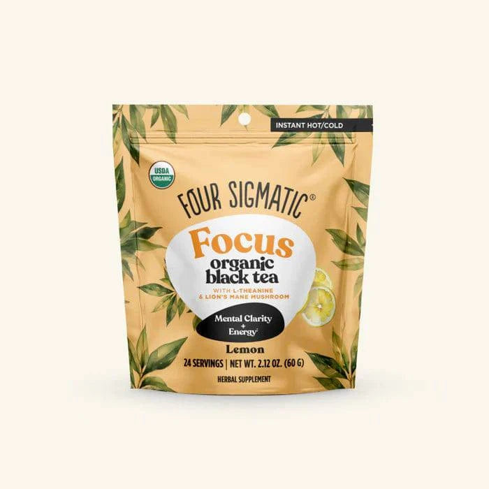 Organic Focus Black Tea by Four Sigmatic, packaged in a 60g bag, showcasing the tea leaves and branding on the package.