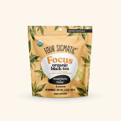 Organic Focus Black Tea by Four Sigmatic, packaged in a 60g bag, showcasing the tea leaves and branding on the package.