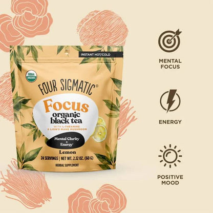 Four Sigmatic Organic Focus Black Tea in a 60g package, showcasing the tea leaves and packaging for natural focus and energy.