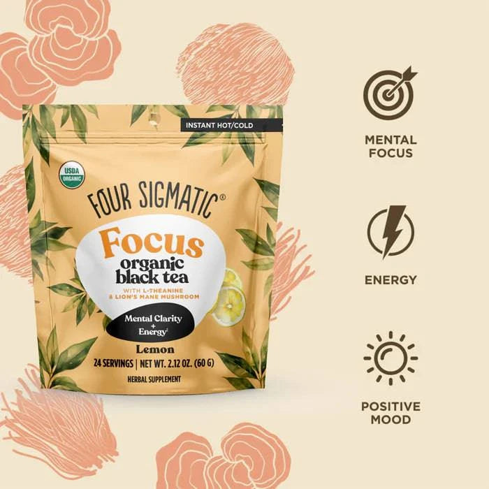 Four Sigmatic Organic Focus Black Tea in a 60g package, showcasing the tea leaves and packaging for natural focus and energy.