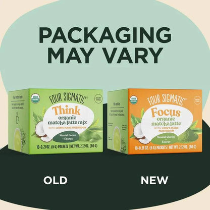 Four Sigmatic Organic Focus Matcha Latte sachets featuring vibrant green packaging for a nutritious, energizing matcha latte drink.