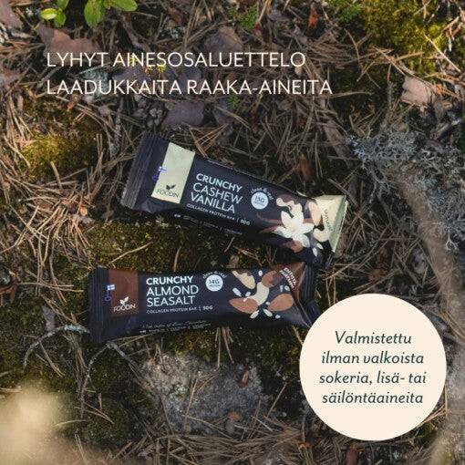 FoodIn Organic Collagen Protein Bar Cashew-Vanilla, 50g, with visible nuts and vanilla flavor, from Organax Ltd.